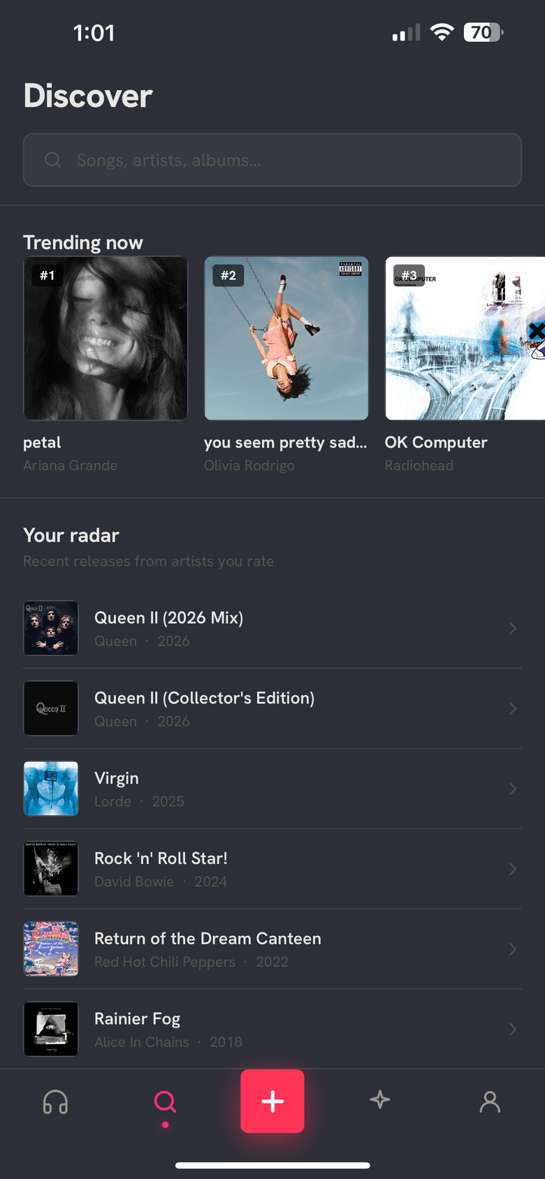 Vull Discover screen — trending now and new releases from artists you rate