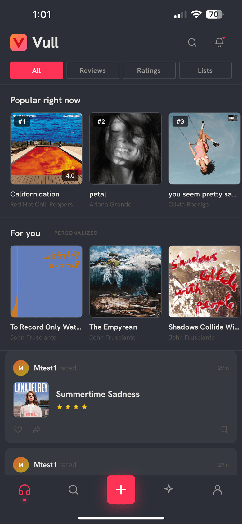 Vull home feed — popular right now, personalized picks, and friend activity