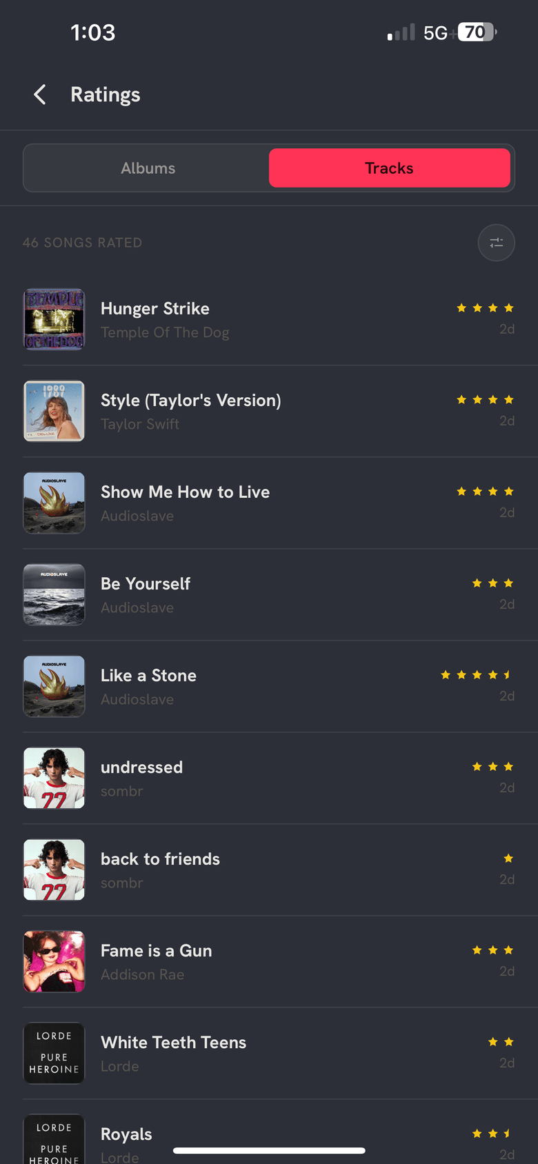 Vull ratings screen — a list of rated songs with star ratings